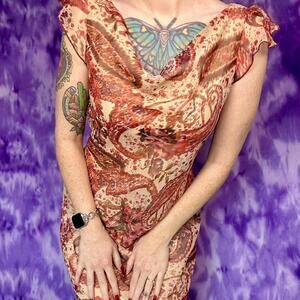 y2k paisley print cowl neck midi dress with ruffle sleeves